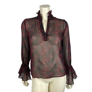 Nili Lotan Snakeskin Print Silk Demi Top Size XS Ruffle Long Sleeve Sheer Blouse